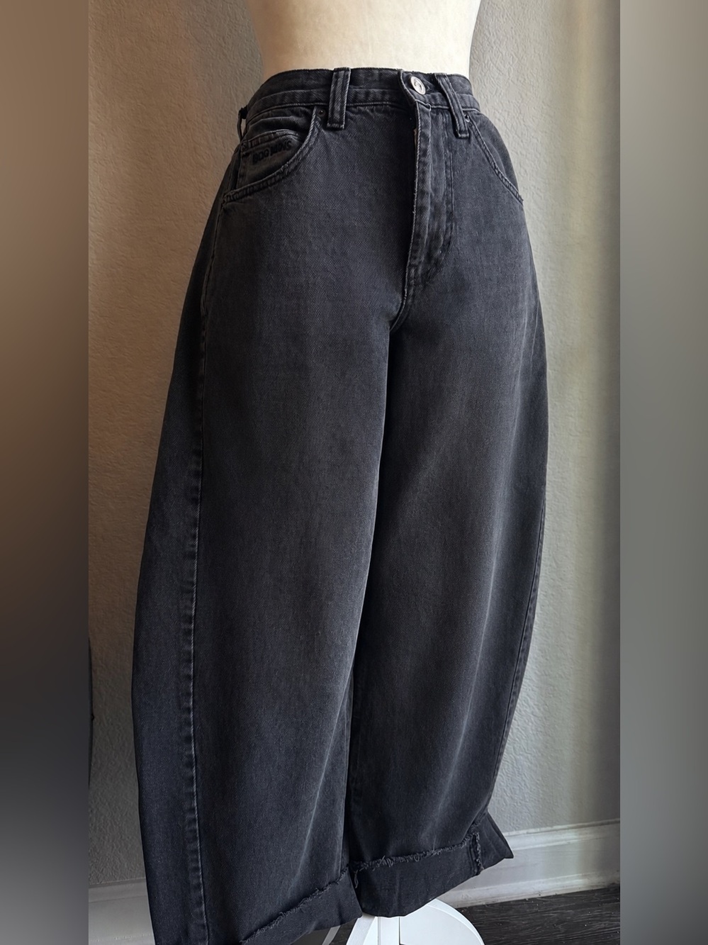 BDG Sustain Black Barrel Leg Jeans Asymmetrical Buckle Waist High Rise